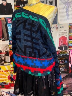 Bold Geometric Knit Cardigan in Black, Blue, Red & Green